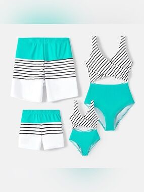 Family matching set Striped Black & White with Teal Swim Set NWT